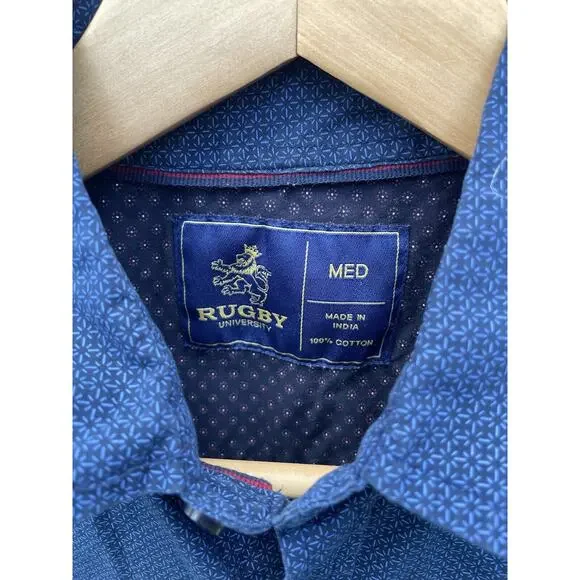 Rugby Univeristy Shirt Mens M Blue Microcheck 100% Cotton Casual Button Down - Picture 3 of 4